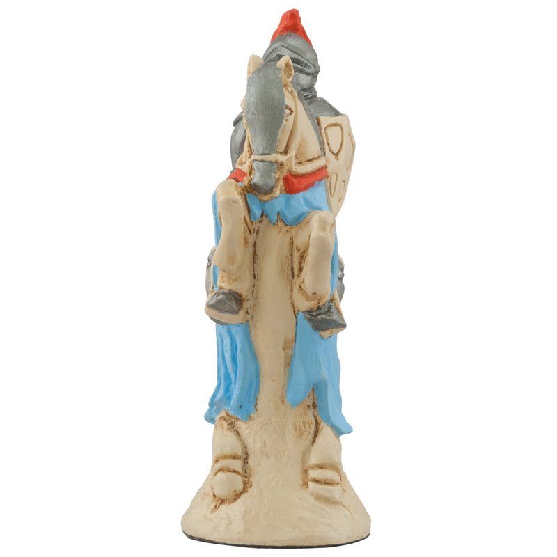 A handpainted blue coloured chess piece depicting Sir Lancelot A.K.A Galahad, From Arthurian Legend.

One of the Knights of The Round Table, He typically featured as King Arthur's greatest champion, the lord of joyous Gard and the greatest swordsman and jouster of the age - unitl his adultery with Queen Guinevere is discovered, causing a civil war which leads to the end of King Arthurs Kingdom.