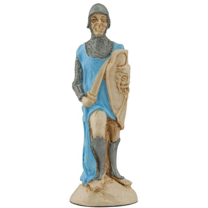 A handpainted blue coloured chess piece of a Peasant Solider, From Arthurian Legend.