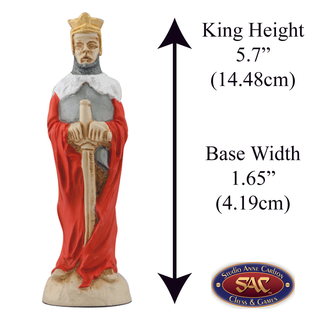A hand painted red coloured chess piece depicting King Arthur, From Arthurian Legend, Alongside measurement information.