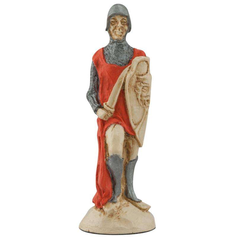 A handpainted red coloured chess piece of a Peasant Solider, From Arthurian Legend.