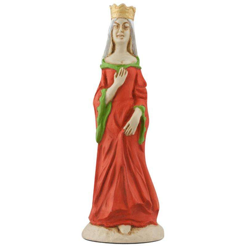 A hand painted red coloured chess piece depicting Queen Guinevere, From Arthurian Legend.

The wife of King Arthur who falls in love with the King’s chief Knight Sir Lancelot. Her name translated from the Welsh form means ‘white enchantress’.