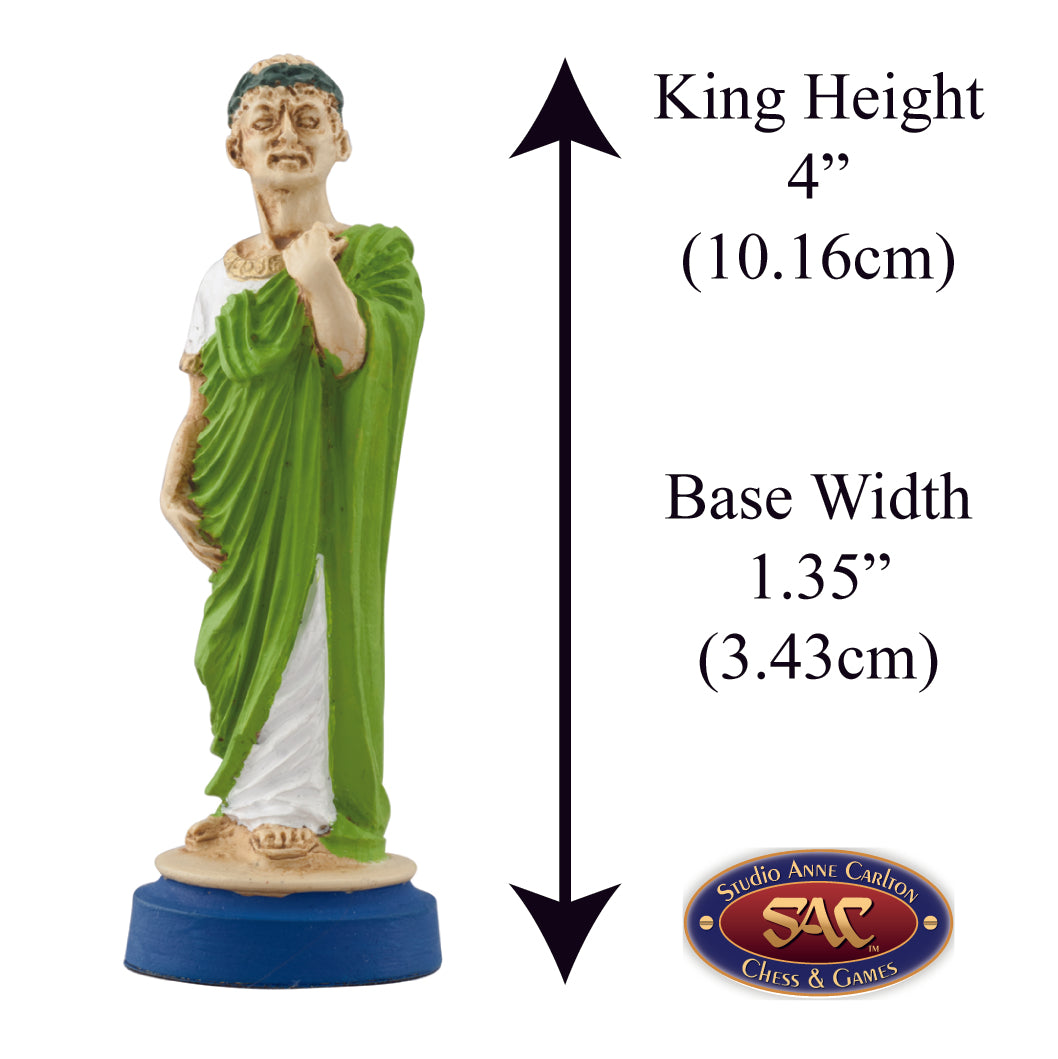 Hand painted themed King chess piece depicting the famed Julius Caesar traditional dressed in a toga.
Includes measurement information for the piece, it is 4" inches tall and 1.35" inches wide.