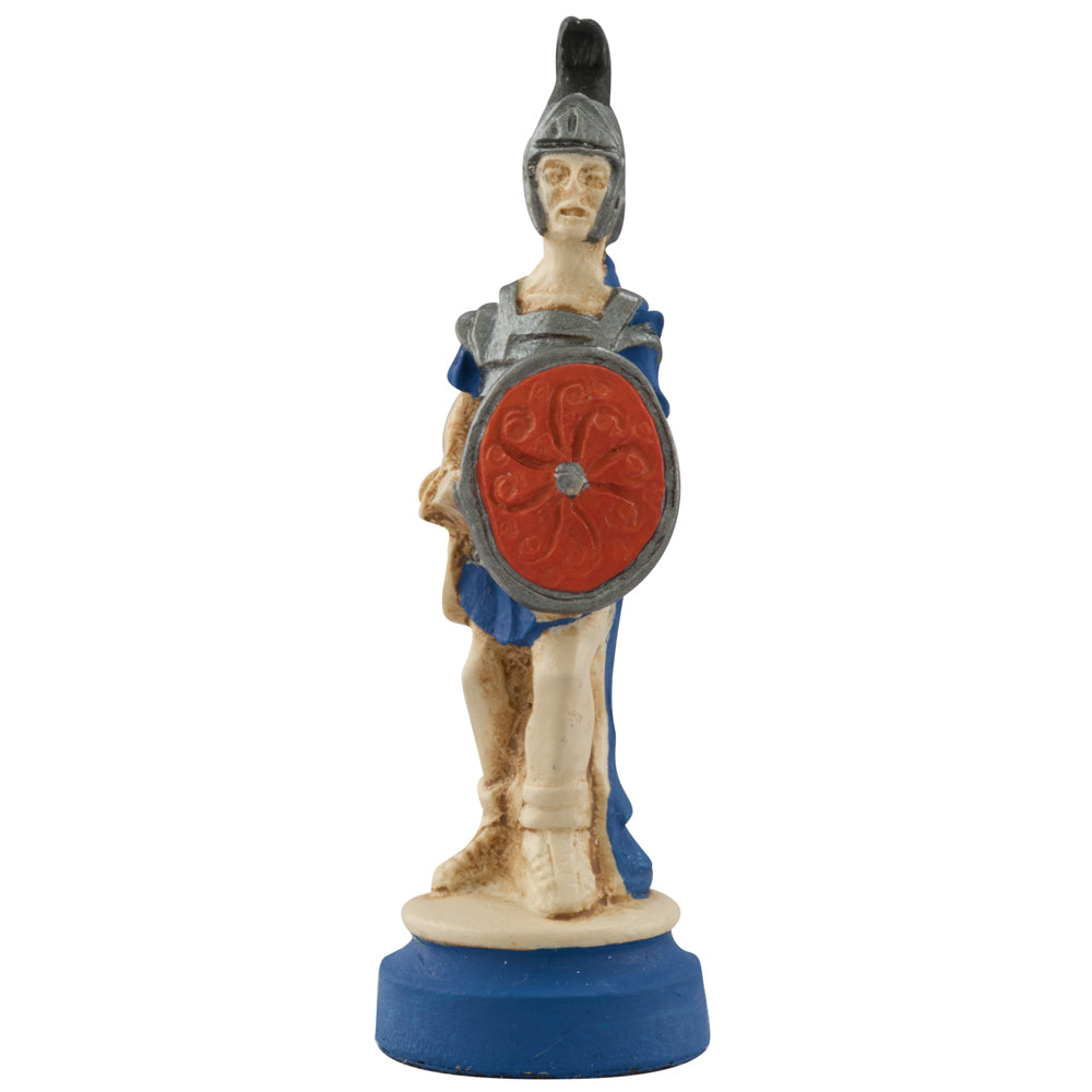 Hand painted themed Pawn chess piece depicting a Roman foot soldier, in era appropriate attire.