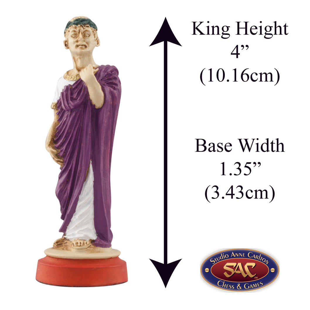 Hand painted themed King chess piece depicting the famed Julius Caesar traditional dressed in a toga.
Includes measurement information for the piece, it is 4" inches tall and 1.35" inches wide.