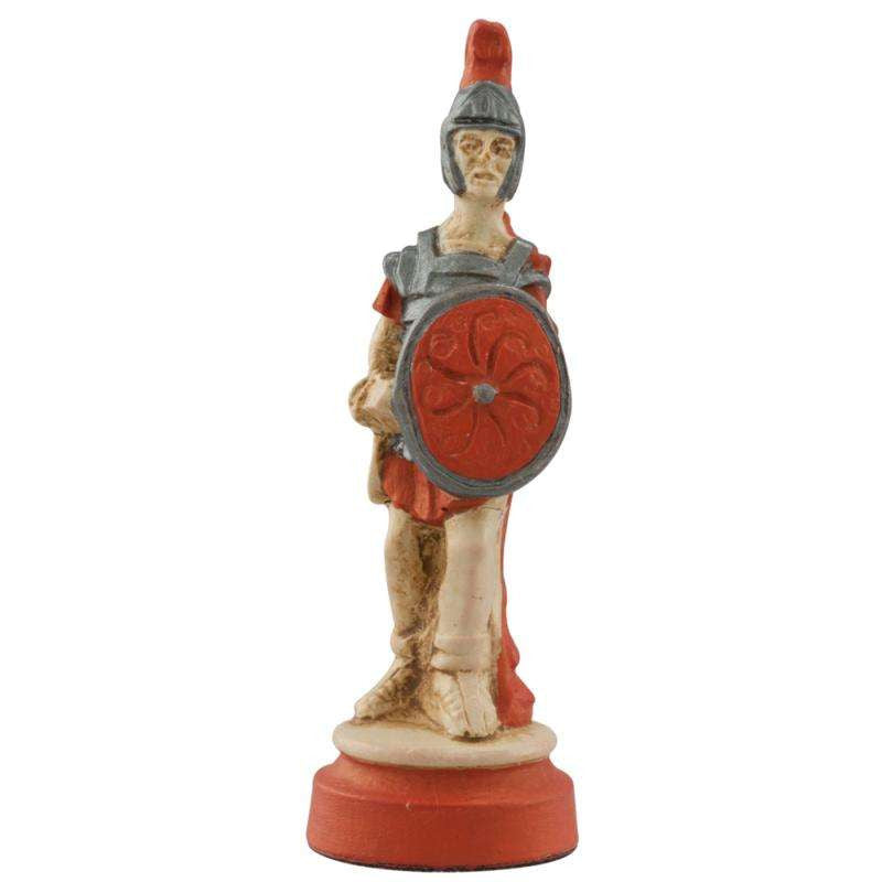 Hand painted themed Pawn chess piece depicting a Roman foot soldier, in era appropriate attire.