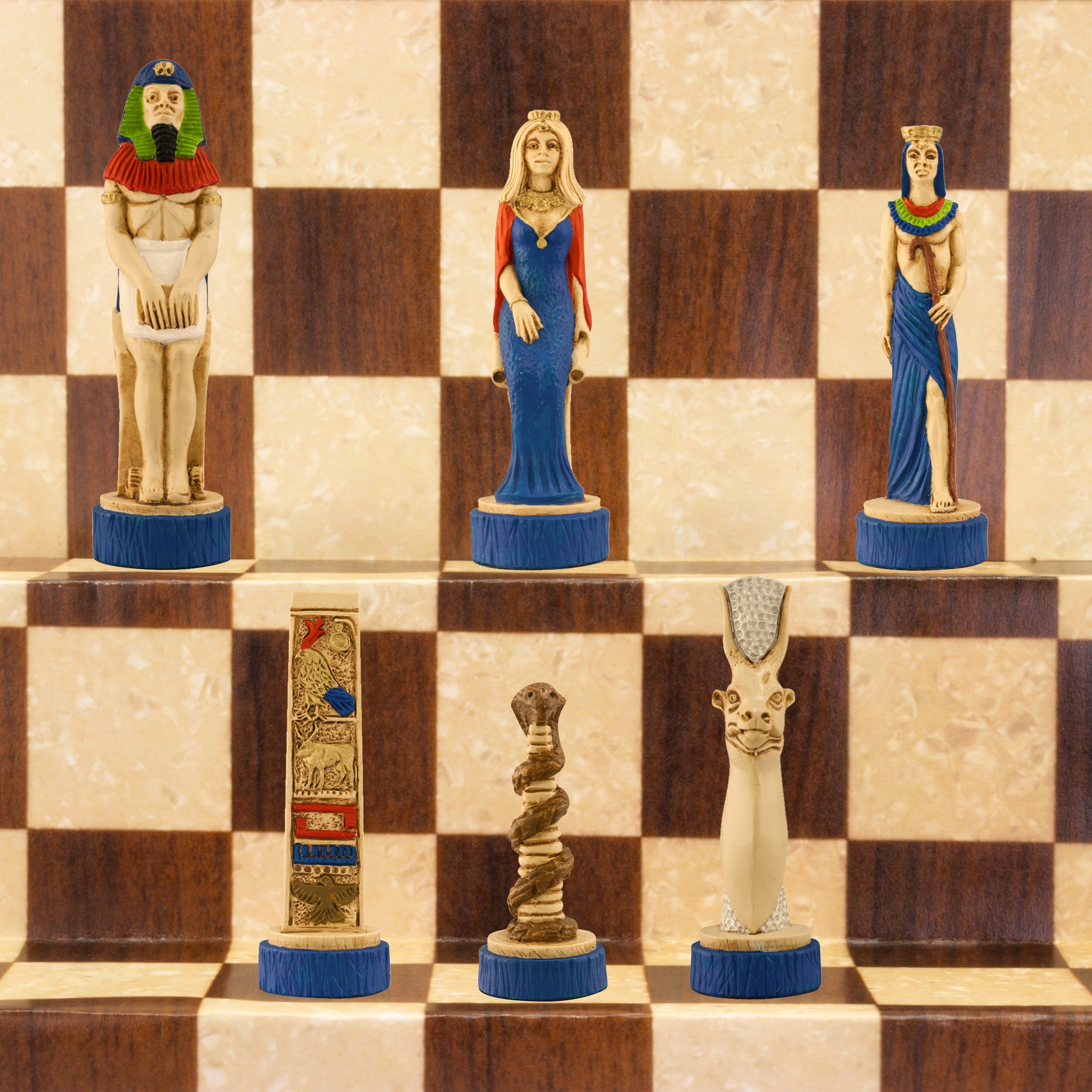 A chess set with pieces featuring ancient Egyptian motifs and figures, placed on a chess board.

This beautiful chess set depicts figures from the civilisation of Ancient Egypt, a society which began around
3150BC, growing rapidly along the  banks of the River Nile. Trade with other countries and its agricultural security helped it to become enormously prosperous; and due to this great wealth the rulers, known as Pharaohs, were very powerful, as were its priests.