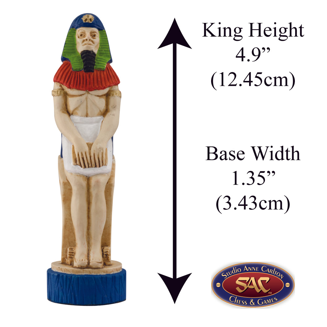 A handmade chess piece depicting King Ramses II, Alongside measurement information.

The legendary pharaoh and warrior battled in Syria, Nubia and Libya and made peace with the Hittites.
