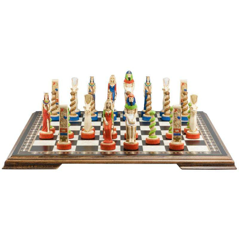 A chess set with pieces featuring ancient Egyptian motifs and figures, placed on a chess board.

This beautiful chess set depicts figures from the civilisation of Ancient Egypt, a society which began around
3150BC, growing rapidly along the  banks of the River Nile. Trade with other countries and its agricultural security helped it to become enormously prosperous; and due to this great wealth the rulers, known as Pharaohs, were very powerful, as were its priests.