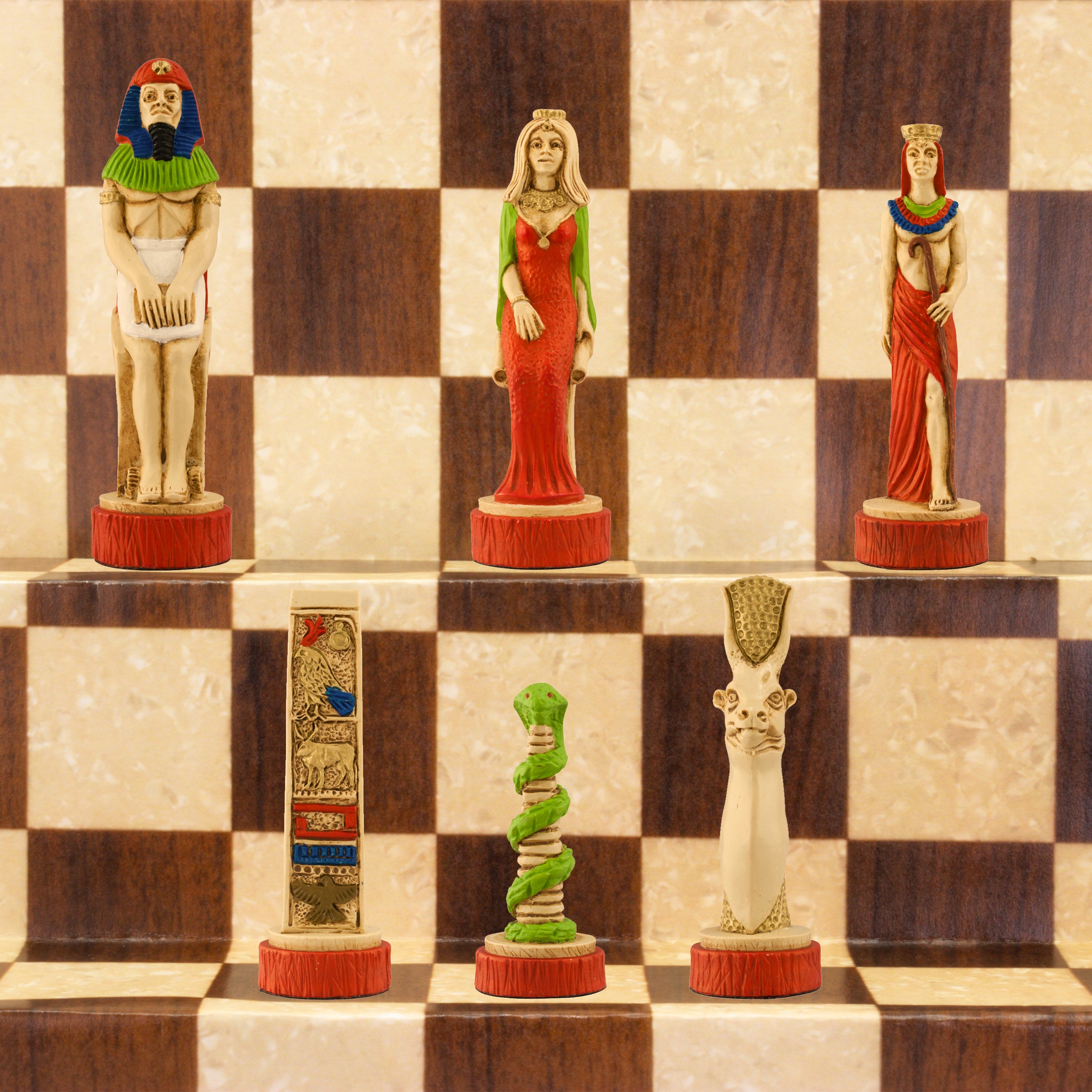 A chess set with pieces featuring ancient Egyptian motifs and figures, placed on a chess board.

This beautiful chess set depicts figures from the civilisation of Ancient Egypt, a society which began around
3150BC, growing rapidly along the  banks of the River Nile. Trade with other countries and its agricultural security helped it to become enormously prosperous; and due to this great wealth the rulers, known as Pharaohs, were very powerful, as were its priests.