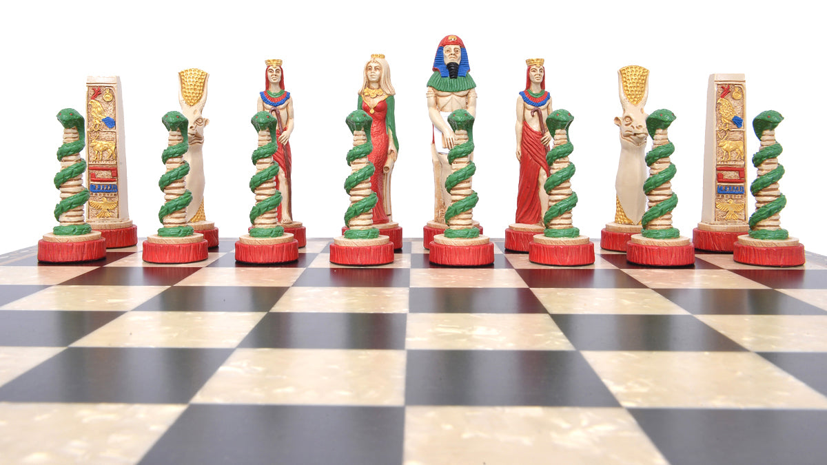 The red side of a chess set with pieces featuring ancient Egyptian motifs and figures, placed on a chess board.

This beautiful chess set depicts figures from the civilisation of Ancient Egypt, a society which began around
3150BC, growing rapidly along the  banks of the River Nile. Trade with other countries and its agricultural security helped it to become enormously prosperous; and due to this great wealth the rulers, known as Pharaohs, were very powerful, as were its priests.