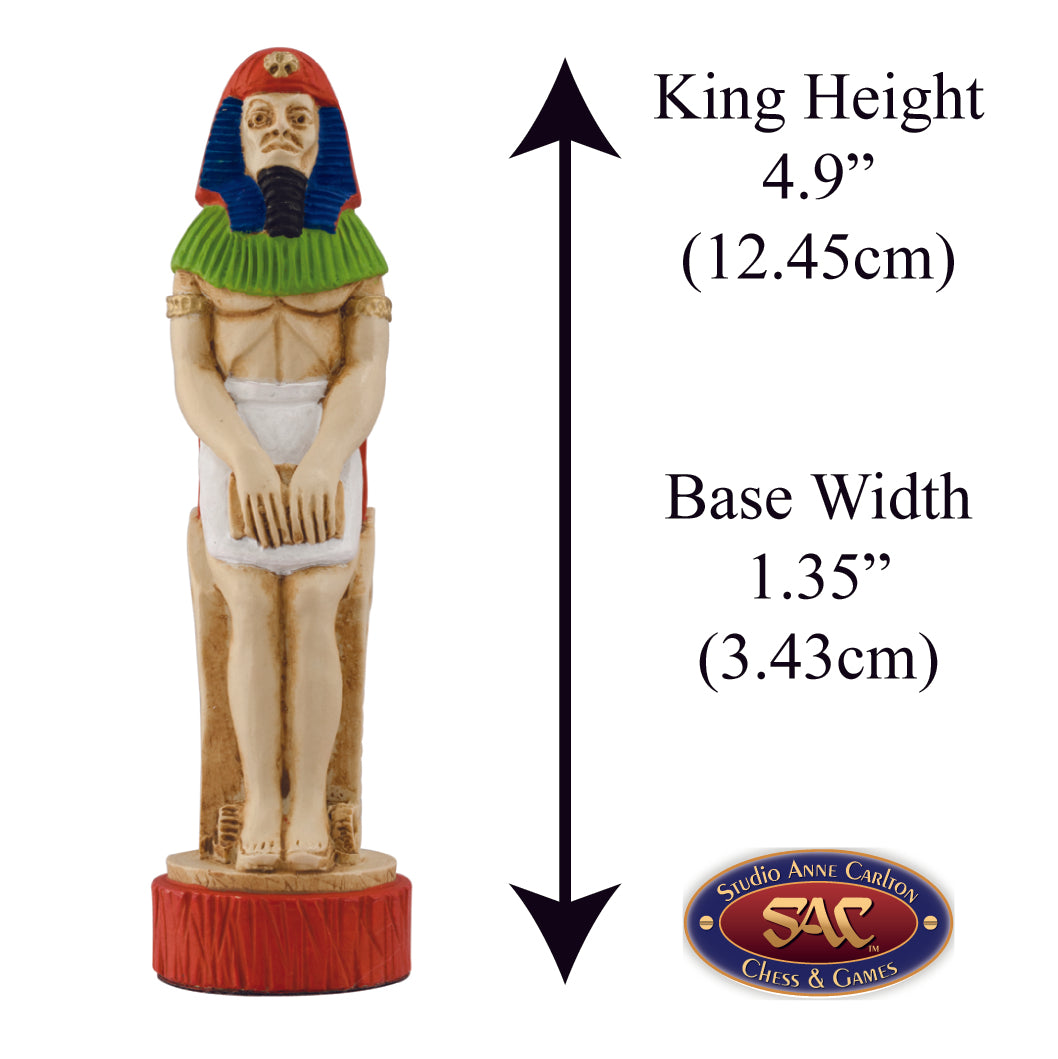 A handmade chess piece depicting King Ramses II, Alongside measurement information.

The legendary pharaoh and warrior battled in Syria, Nubia and Libya and made peace with the Hittites.
