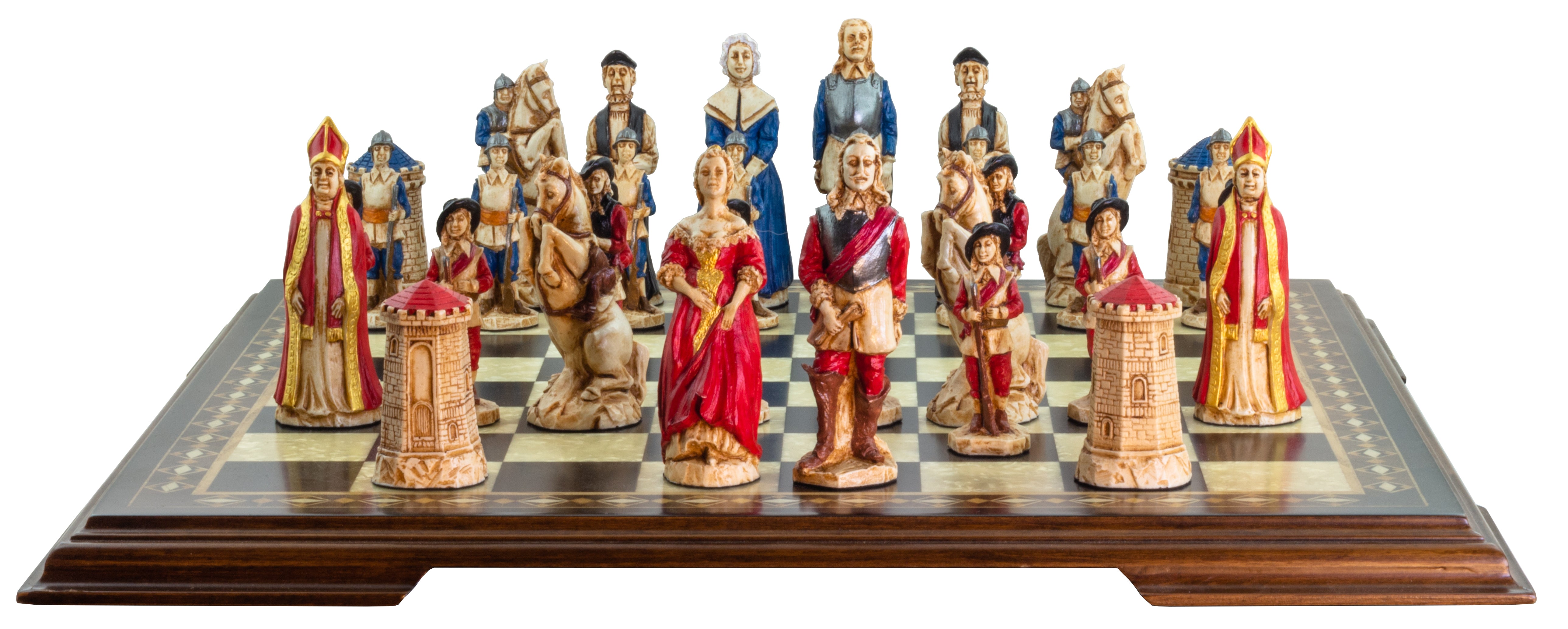A collection of hand-painted chess pieces depicting characters from the English Civil War, displayed on a chessboard.

During the Middle Ages the King of England ruled and governed with the advice of the great barons of the realm.

This led to a civil war, which determined the fate of how England was to be ruled.

Our Civil War chess set attempts to portray the two opposing sides dressed in the costume of the period. 

