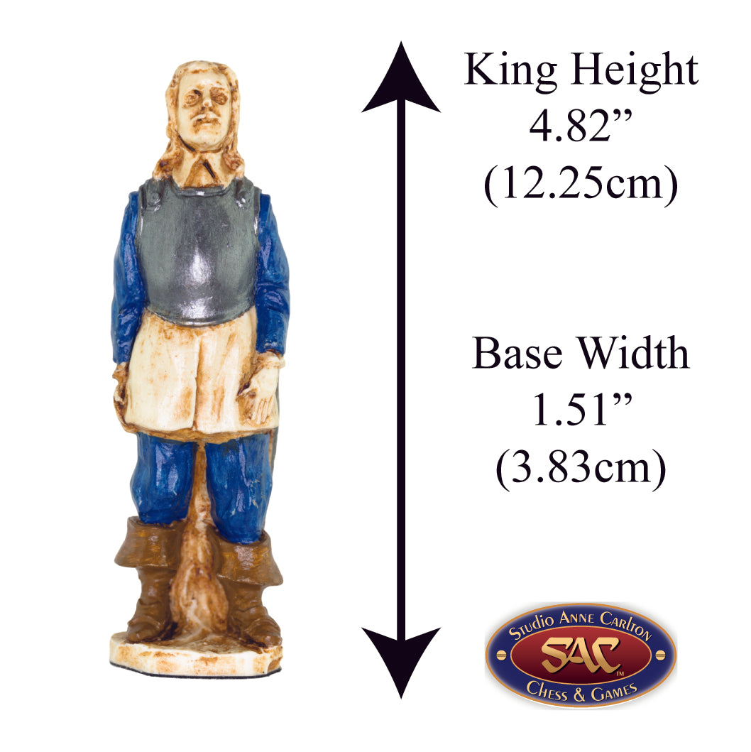 A handmade chess piece depicting Oliver Cromwell from The English Civil War, Alongside measurement information.