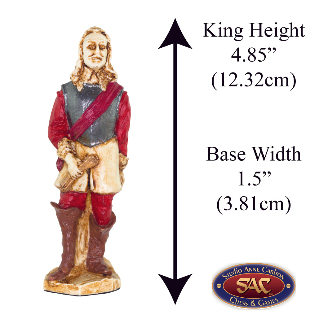 A handmade chess piece depicting King Charles I from The English Civil War, Alongside measurement information.