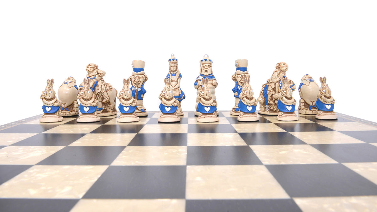Alice in Wonderland Themed Chess Set on Black and White checkered board.