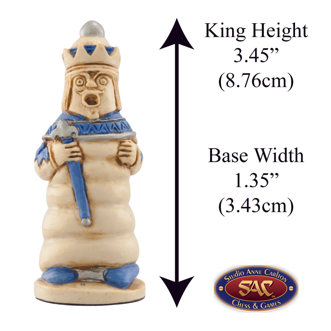 A handmade chess piece featuring the red queen from Alice in Wonderland, Alongside measurement information.