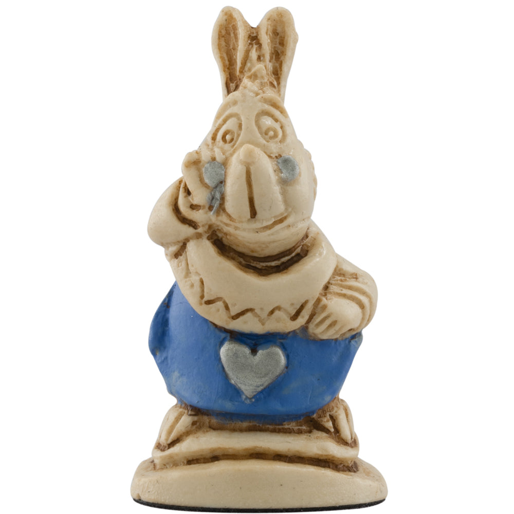 A handmade painted chess piece featuring the Character "The White Rabbit" from Alice in Wonderland.