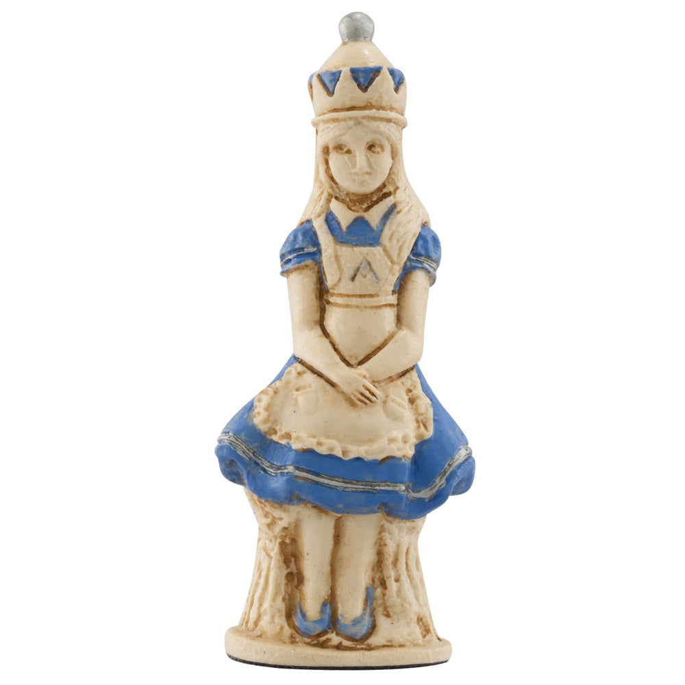A handmade chess piece featuring the Character "Alice" from Alice in Wonderland.