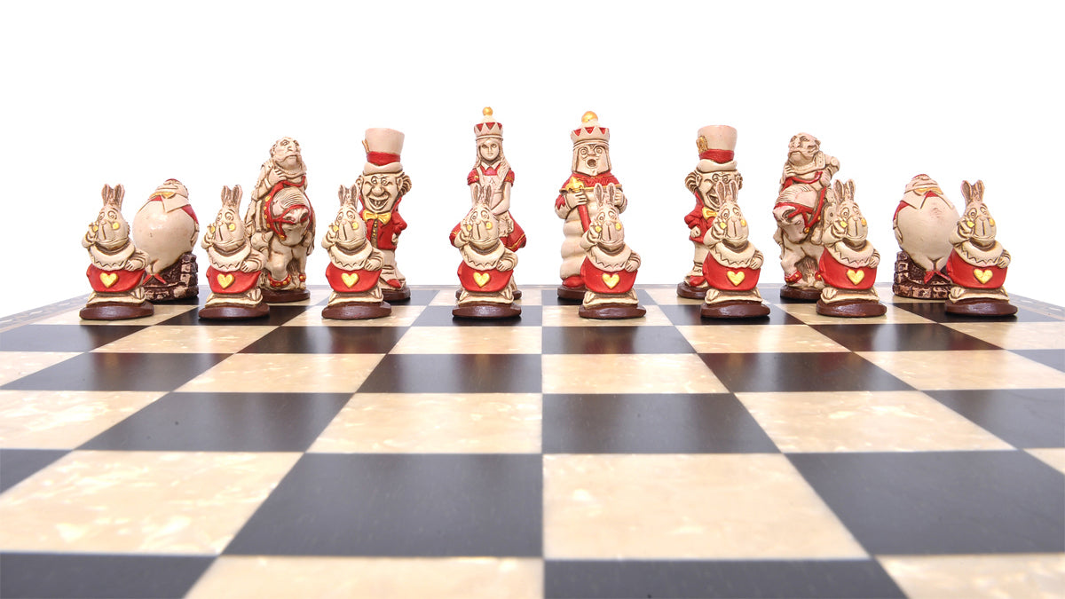 Alice in Wonderland Themed Chess Set on Black and White checkered board.