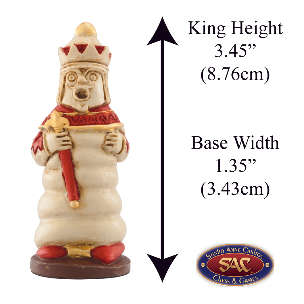 A handmade chess piece featuring the red queen from Alice in Wonderland, Alongside measurement information.