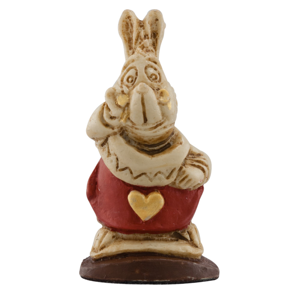 A handmade painted chess piece featuring the Character "The White Rabbit" from Alice in Wonderland.