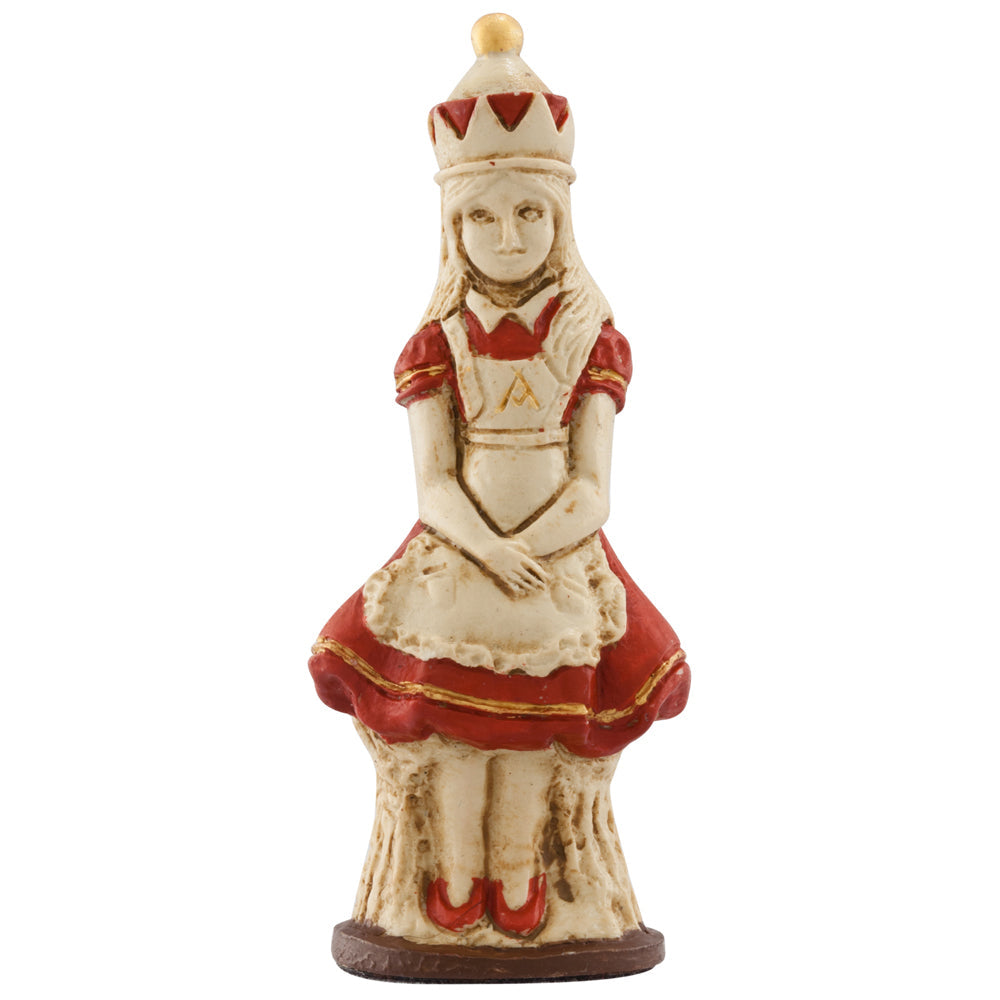 A handmade chess piece featuring the Character "Alice" from Alice in Wonderland.