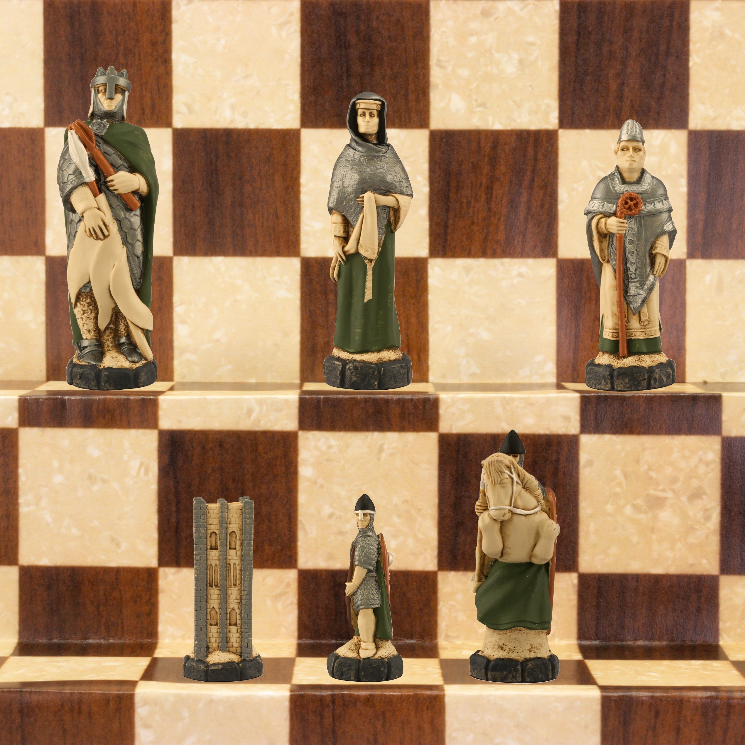 A handmade chess set depicting characters from the Battle of Hastings, with pieces representing King Harold II of England, Edith Swan-Neck, Archbishop Stigand, William the Conqueror, and other Saxon and Norman figures, placed on a checkered background.