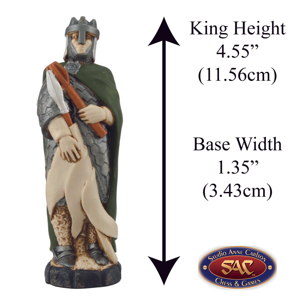 A handmade chess piece featuring William the Conqueror from The Battle of Hastings, Alongside measurement information.