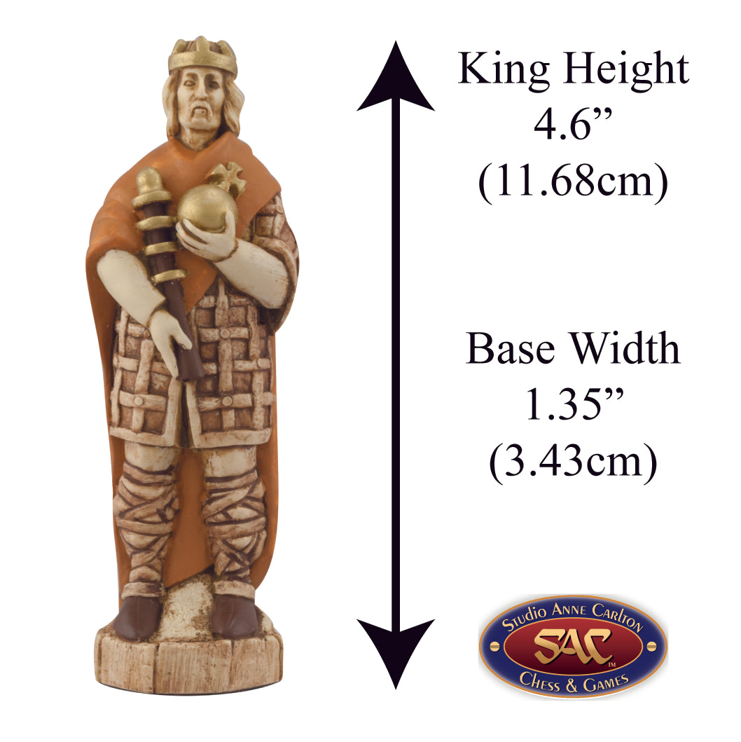 A handmade chess piece featuring Harold II, King Of England from The Battle of Hastings, Alongside measurement information.