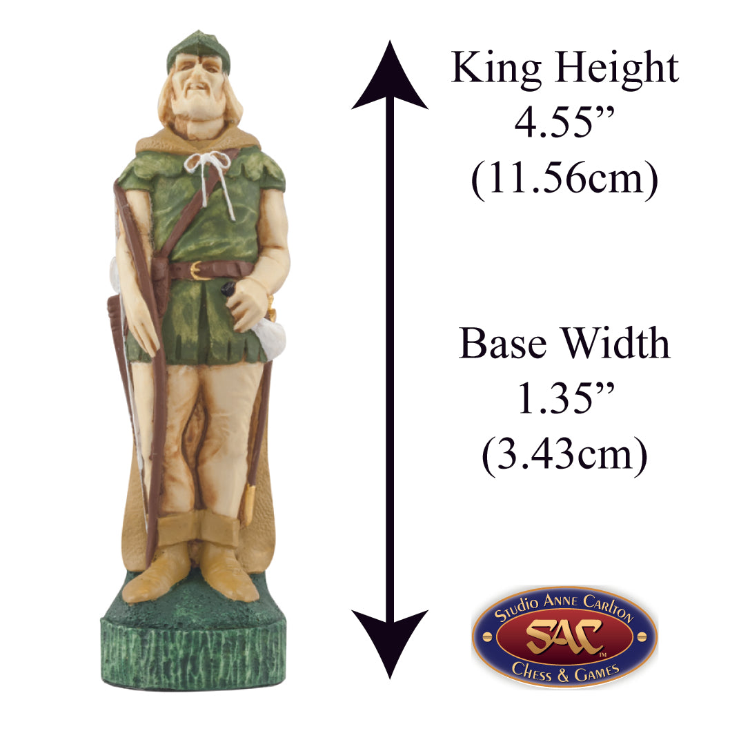 Hand painted themed King chess piece depicting Robin Hood, the brilliant archer who leads a band of merry men.
Includes measurement information for the piece, it is 4.55" inches tall and 1.35" inches wide.