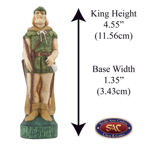 Hand painted themed King chess piece depicting Robin Hood, the brilliant archer who leads a band of merry men.
Includes measurement information for the piece, it is 4.55" inches tall and 1.35" inches wide.