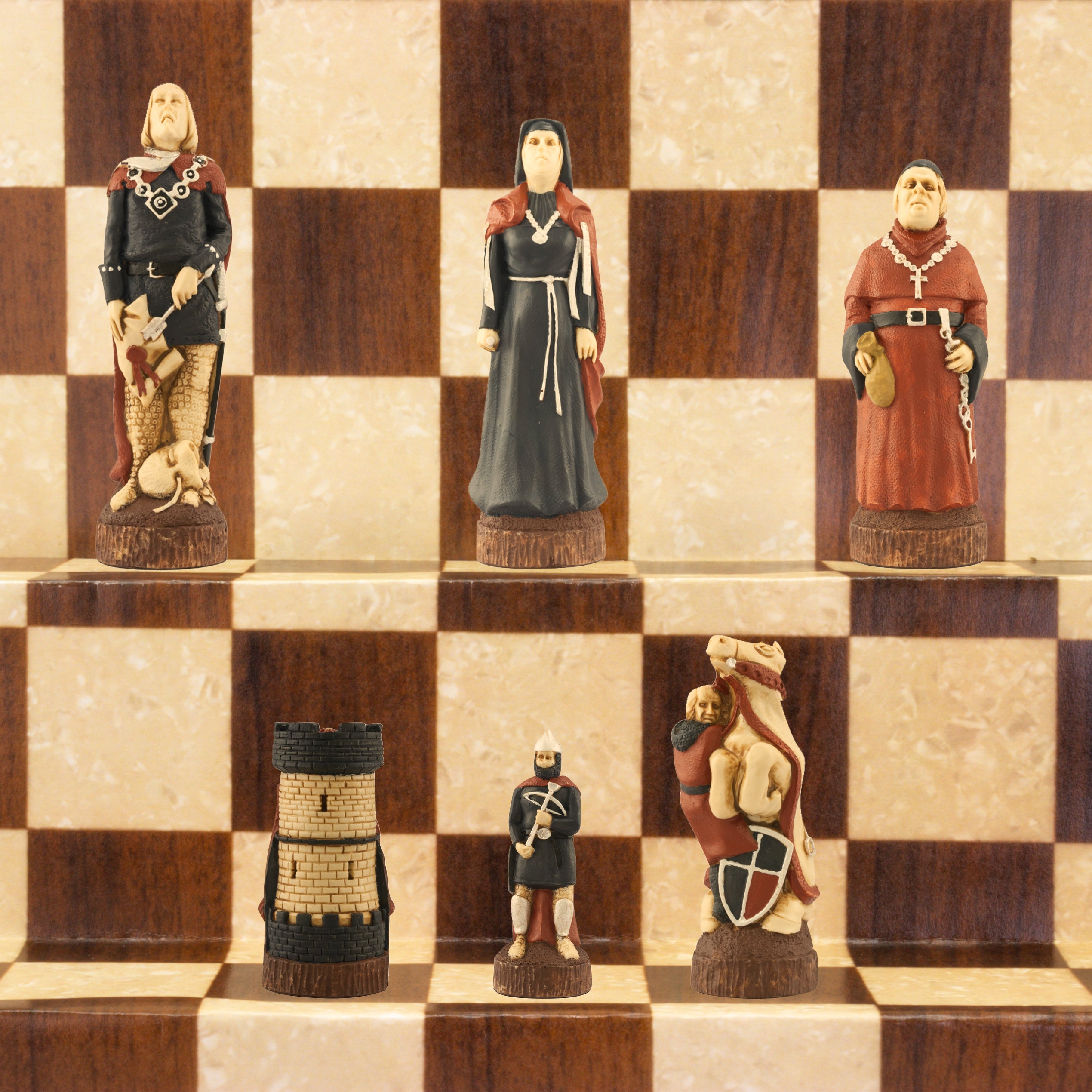 One side of a hand painted themed chess set, inspired by the legend surrounding Robin Hood. This side contains The Sherrif of Nottingham as the King, a prioress as the Queen, The Abbot of St Mary's as the Bishop, Sir Guy as the Knight, The Keep of Nottingham Castle as the Rook, and Soldiers of the Sherrif as the pawns.