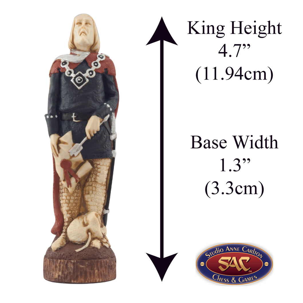 Hand painted themed King chess piece depicting the Sherrif of Nottingham, the primary antagonist of Robin Hood.
Includes measurement information for the piece, it is 4.7" inches tall and 1.3" inches.