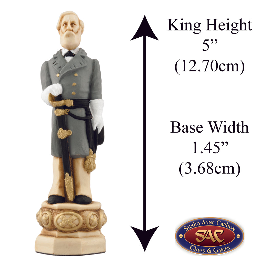 A handmade chess piece featuring General Robert.E Lee from The American Civil War, Alongside measurement information.
