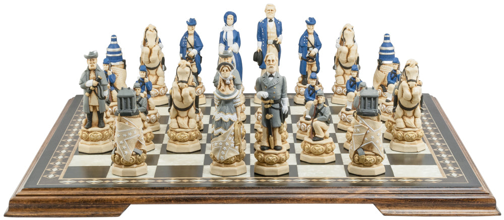 A collection of hand-painted chess pieces based on historical figures from the American Civil War, displayed on a chessboard.