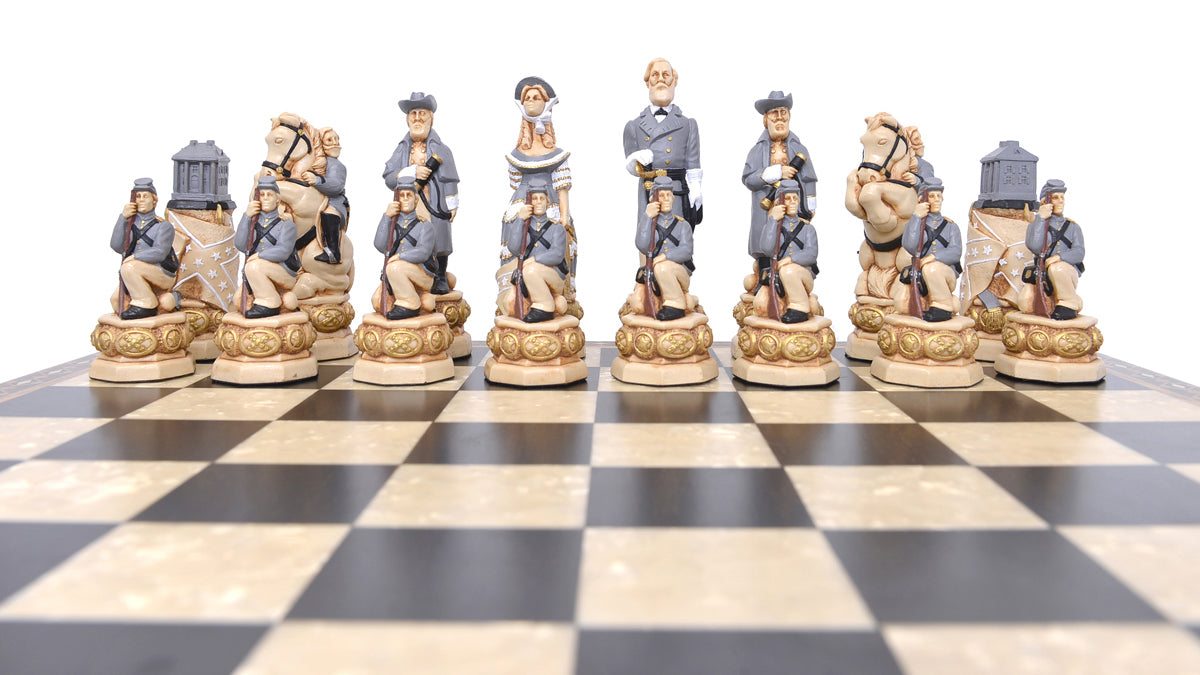 A set of hand-painted chess pieces based on historical figures on the side of the Confederates from the American Civil War, displayed on a chessboard.