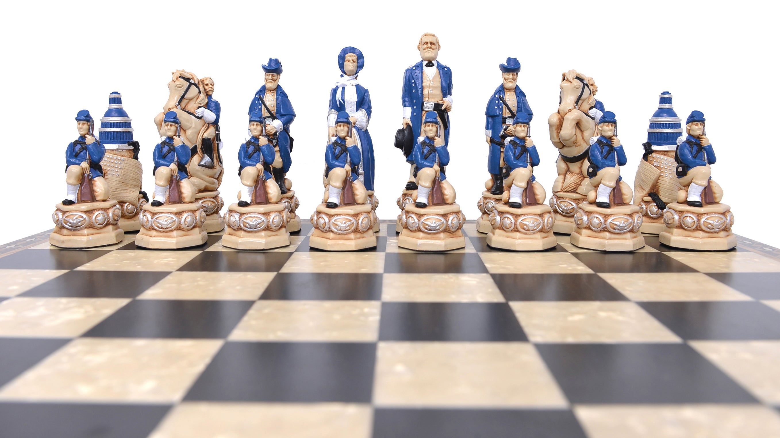 A set of hand-painted chess pieces based on historical figures on the side of the Union from the American Civil War, displayed on a chessboard.