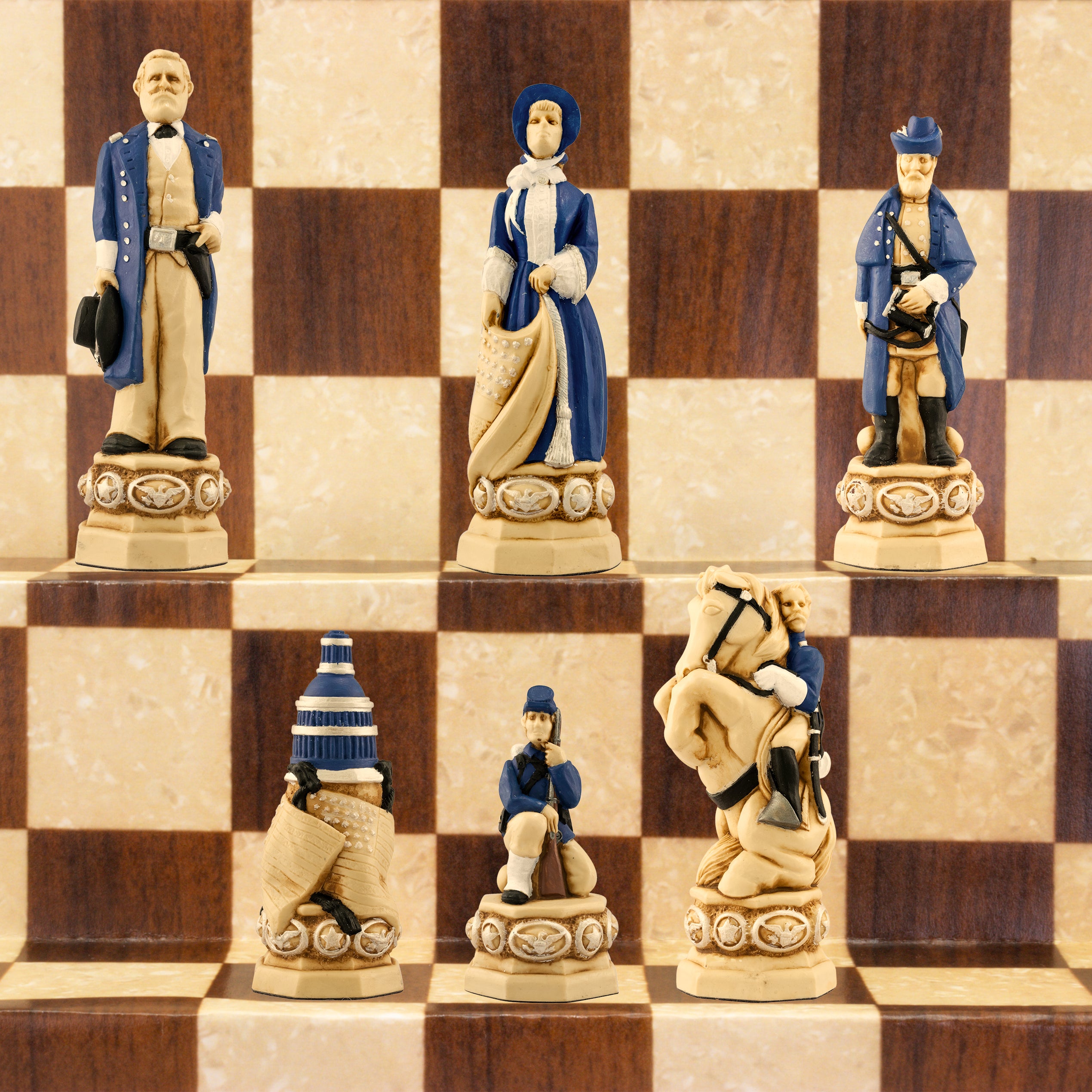 A collection of hand-painted chess pieces based on historical figures from the American Civil War, displayed on a chessboard.
