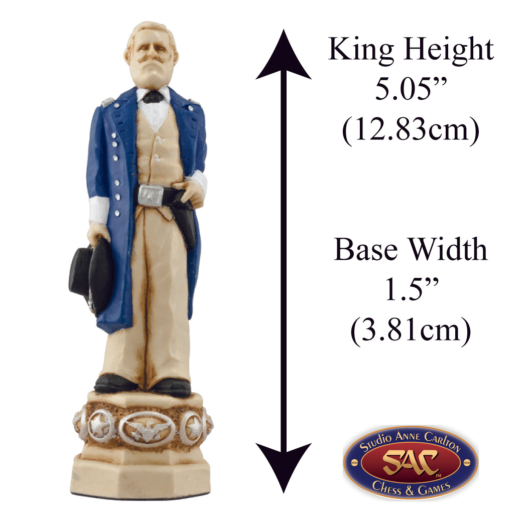 A handmade chess piece featuring General Ulysses Grant from The American Civil War, Alongside measurement information.