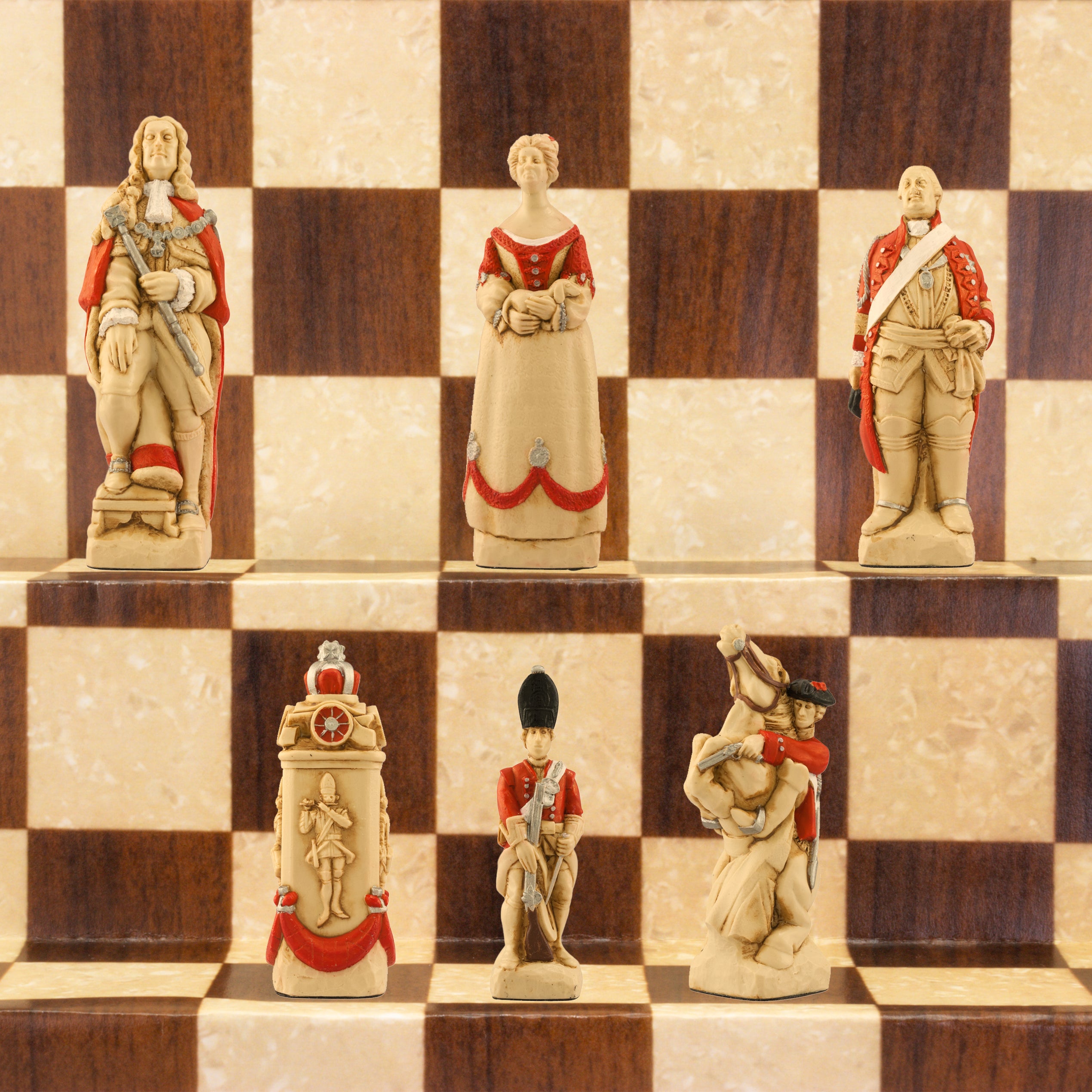 A hand-painted chess set featuring historical figures, with pieces arranged on a checkered background.