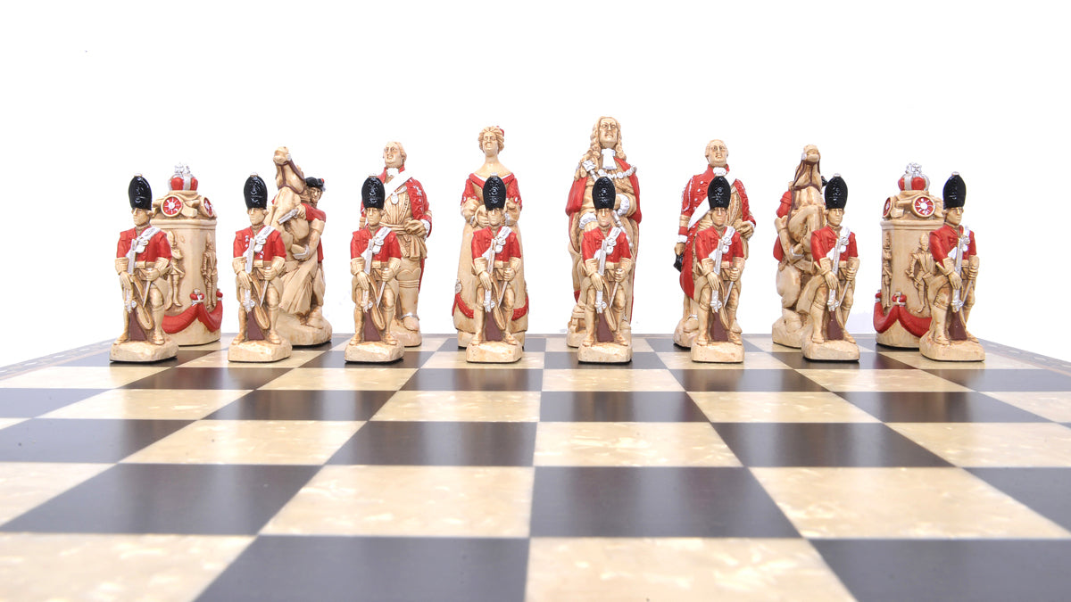 A hand-painted chess set featuring historical figures, with pieces arranged on a chess board.