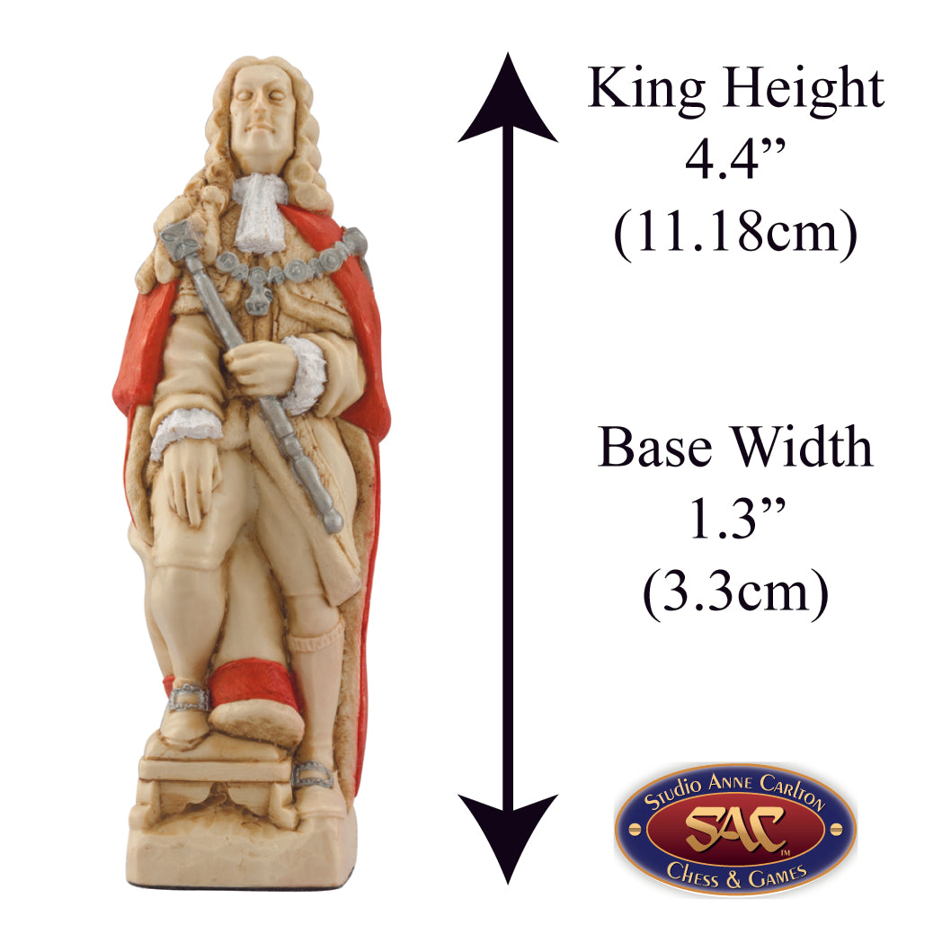 A handmade chess piece featuring George II, King Of England from The Battle of Culloden, Alongside measurement information.