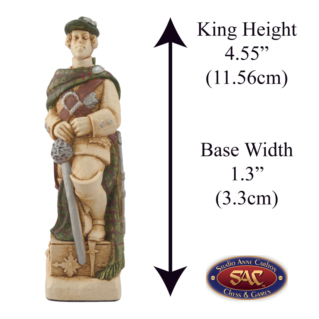 A handmade chess piece featuring Bonnie Prince Charlie from The Battle of Culloden, Alongside measurement information.
