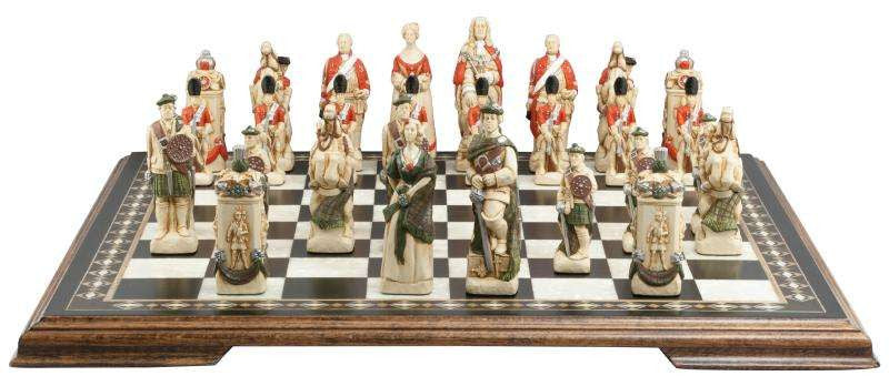 A hand-painted chess set featuring historical figures, with pieces arranged on a chessboard.