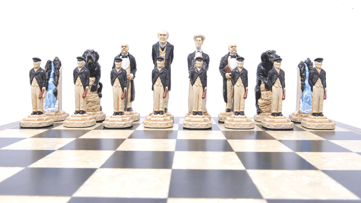 A low angle shot of The Moriarty side of a hand-painted chess set featuring Moriarty, Irene Adler, Colonel Moran, The Hound of The Baskervilles, Rechenbach Falls & Victorian Loafers. Atop a Black and White Chessboard.