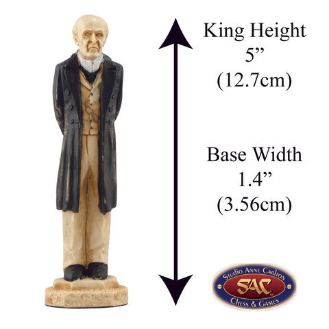 Hand-painted themed King chess piece depicting Professor Moriarty, referred to by Holmes as ‘the Napoleon of Crime’ and without doubt Sherlock Holmes’ most formidable adversary.
Includes measurement information for the piece, it is 5" inches tall and 1.4" inches wide.