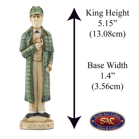 Hand painted themed King chess piece depicting Sherlock Holmes, the great man himself, the best known and best loved detective in literature.
Includes measurement information for the piece, it is 5.15" inches tall and 1.4" inches wide.