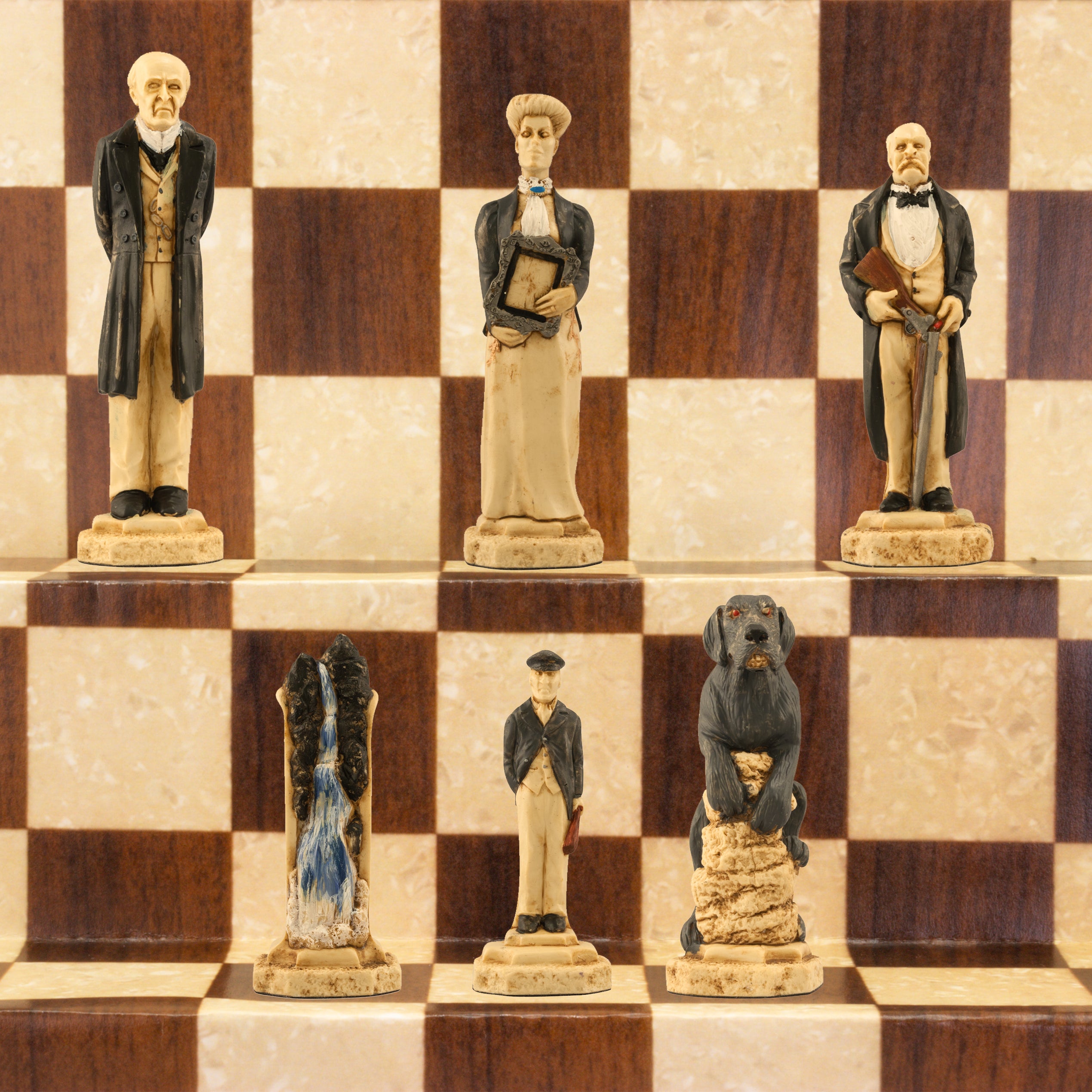 The Moriarty side of a hand-painted chess set featuring Moriarty, Irene Adler, Colonel Moran, The Hound of The Baskervilles, Rechenbach Falls & Victorian Loafers. Atop a Brown and White Chessboard.