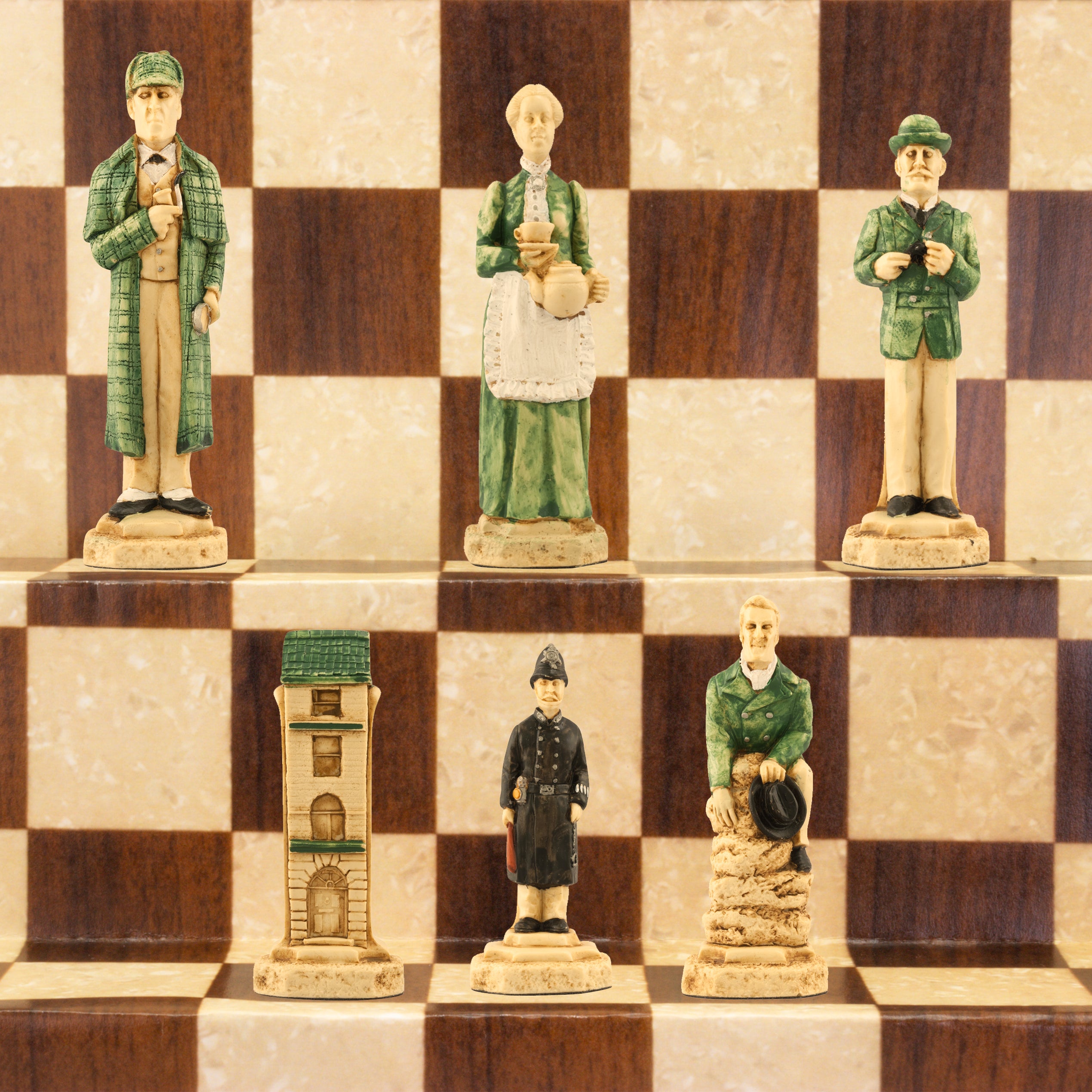 Hand painted themed chess pieces depicting Sherlock Holmes, Mrs Hudson, Doctor Watson, Inspector Lestrade, 221b Baker Street & Victorian Police Constables.
Atop a brown and white chess board.