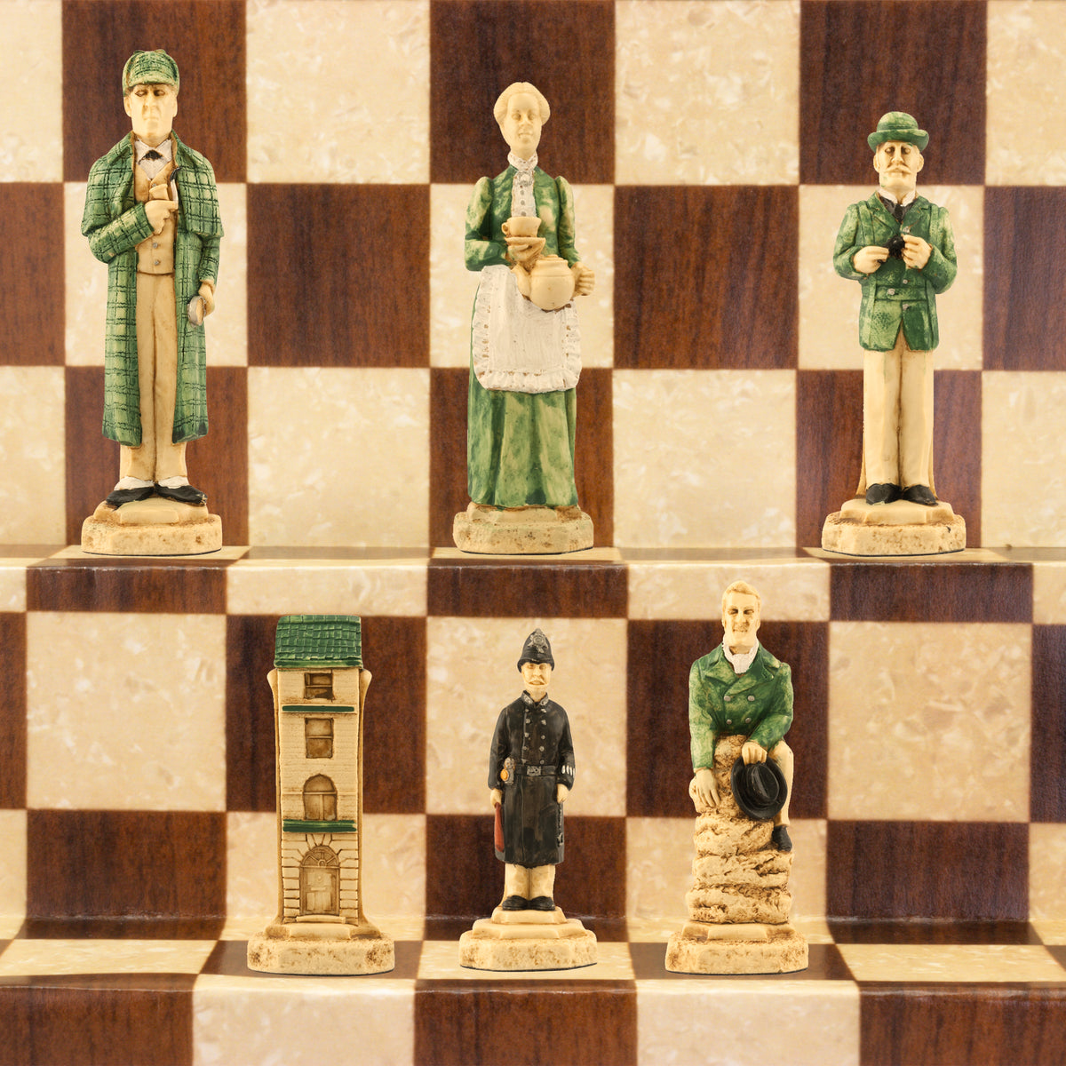 Hand painted themed chess pieces depicting Sherlock Holmes, Mrs Hudson, Doctor Watson, Inspector Lestrade, 221b Baker Street & Victorian Police Constables.
Atop a brown and white chess board.